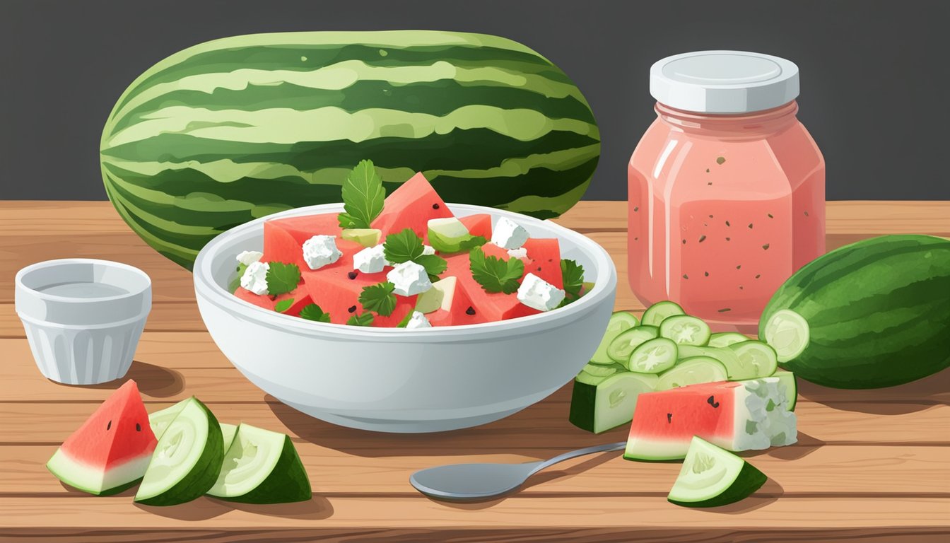 A colorful bowl of watermelon feta cucumber salad sits on a wooden table next to a stack of white plates and a jar of dressing