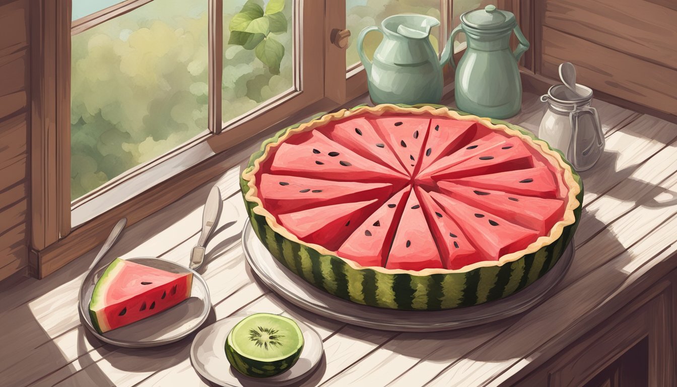 A rustic kitchen table with a freshly baked watermelon pie cooling on a windowsill, surrounded by scattered watermelon slices and a vintage pie server