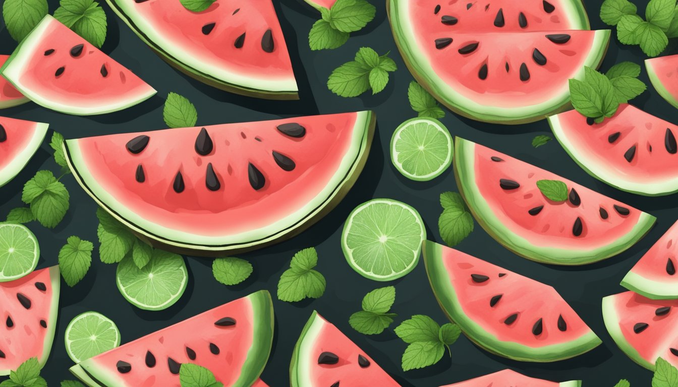 A watermelon pie surrounded by fresh watermelon slices and mint leaves on a rustic wooden table