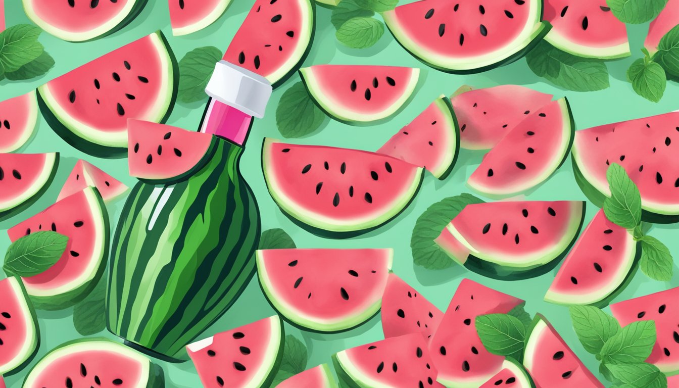 A watermelon being sliced open, with the vibrant pink flesh and seeds exposed, surrounded by fresh mint leaves and a bottle of watermelon liqueur