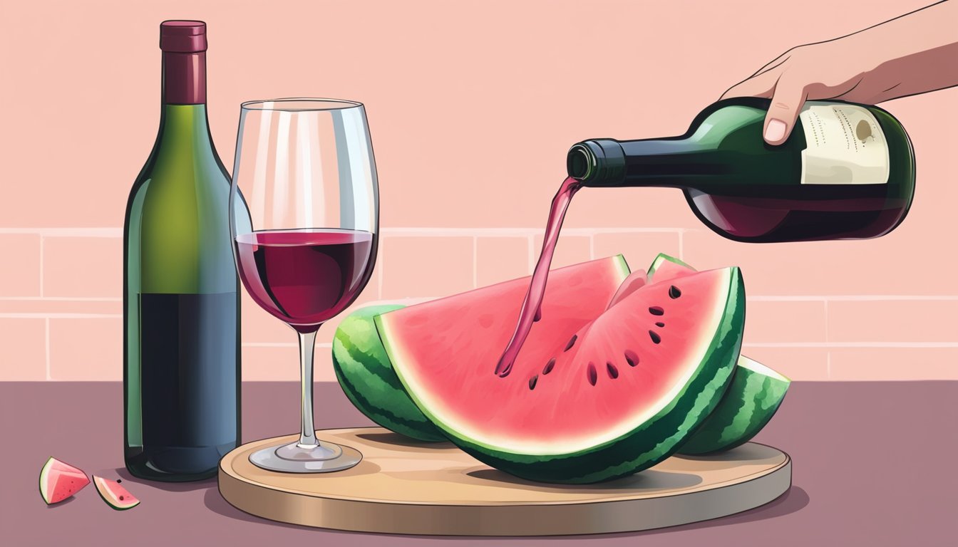 A hand pouring watermelon juice into a glass, next to a bottle of wine