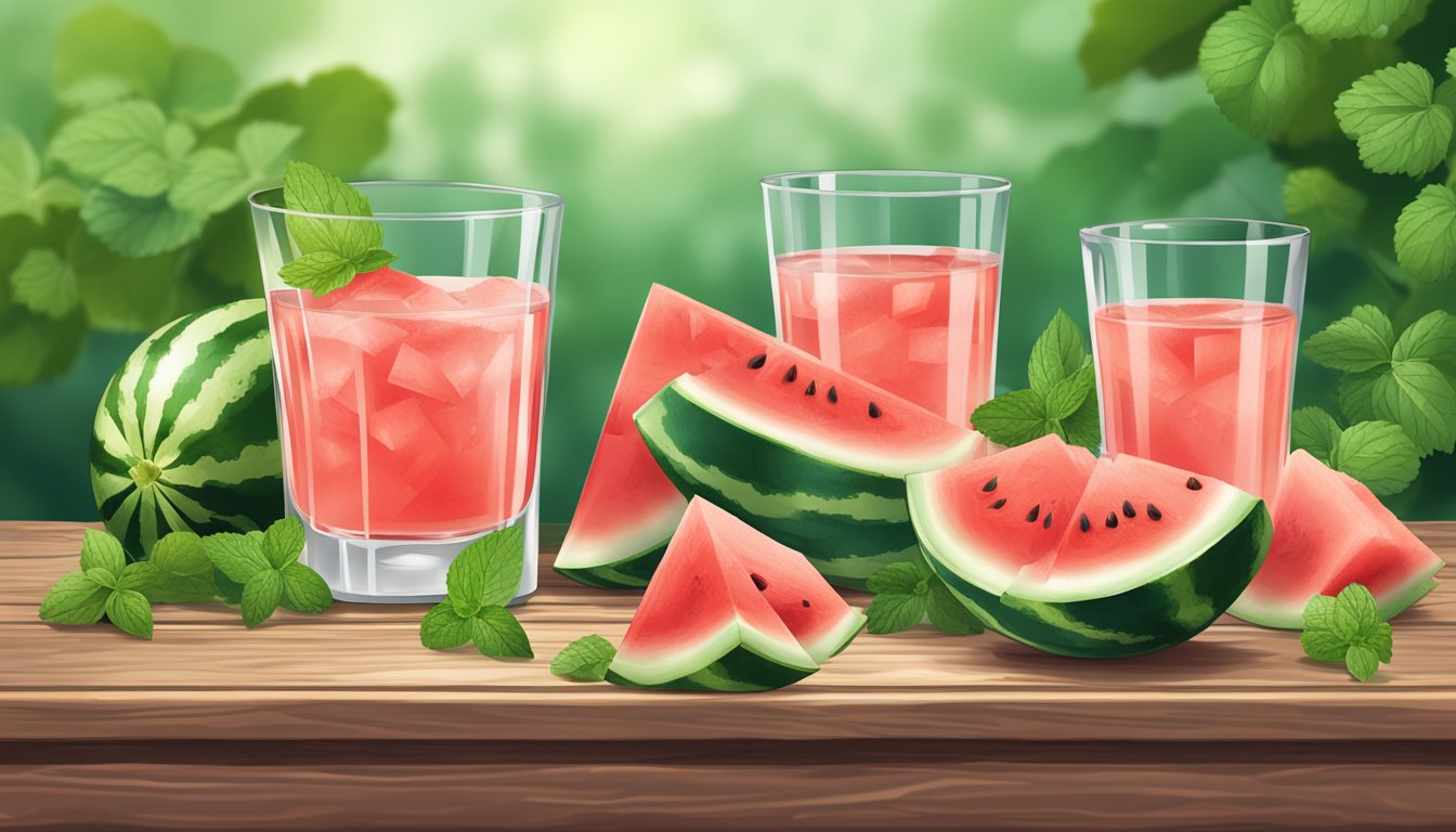 A glass of watermelon liqueur on a rustic wooden table, surrounded by slices of fresh watermelon and mint leaves