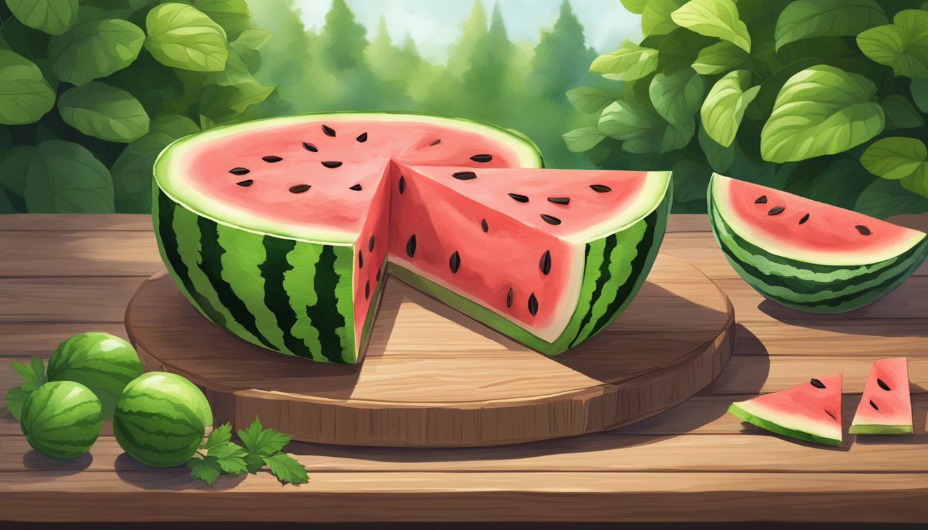 A watermelon pie sits on a rustic wooden shelf, surrounded by fresh watermelon slices and green foliage