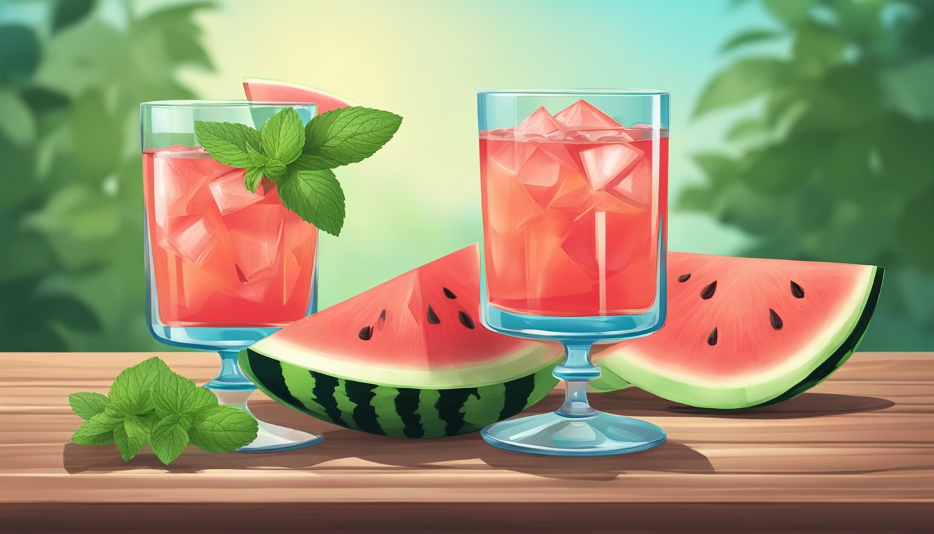 A colorful cocktail glass with watermelon liqueur, garnished with a slice of fresh watermelon and a sprig of mint, sitting on a wooden bar counter