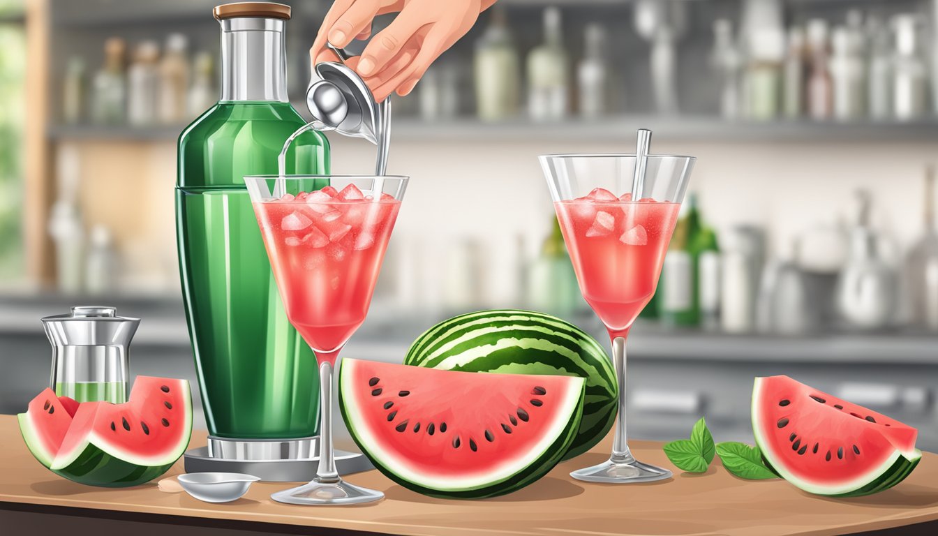 A glass pitcher pouring watermelon liqueur into a cocktail shaker with ice and a mixing spoon