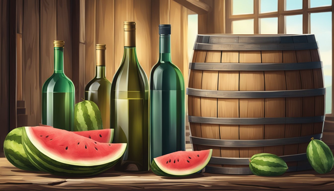 A weathered wooden table with bottles of watermelon wine and aging barrels in a rustic winery