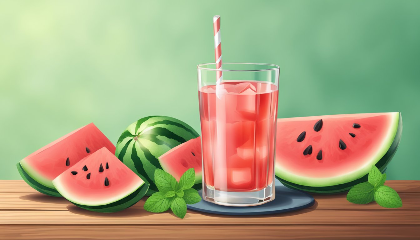 A glass filled with watermelon liqueur, surrounded by fresh watermelon slices and mint leaves on a wooden table