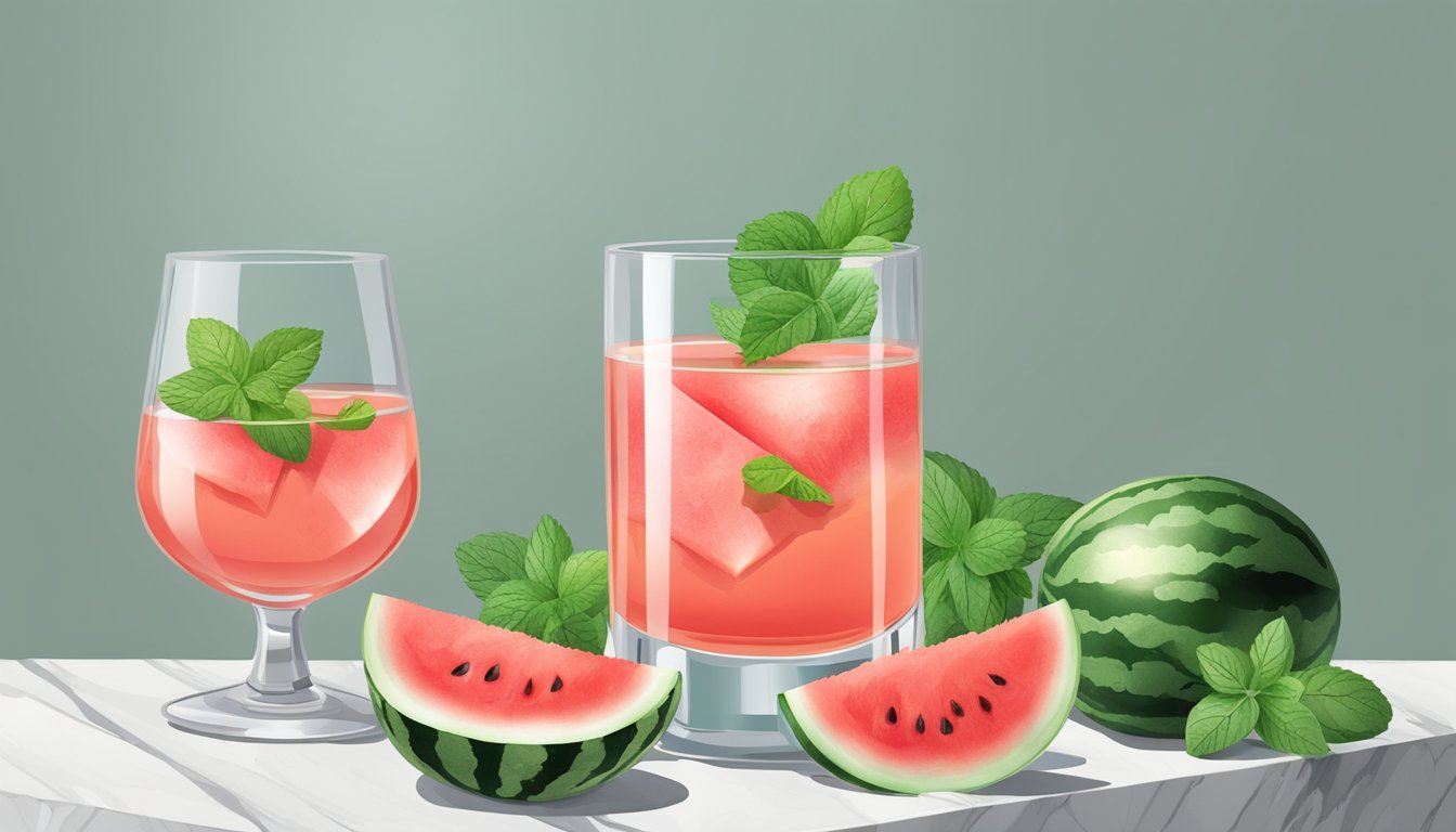 A glass of watermelon liqueur sits on a marble countertop, surrounded by slices of fresh watermelon and sprigs of mint