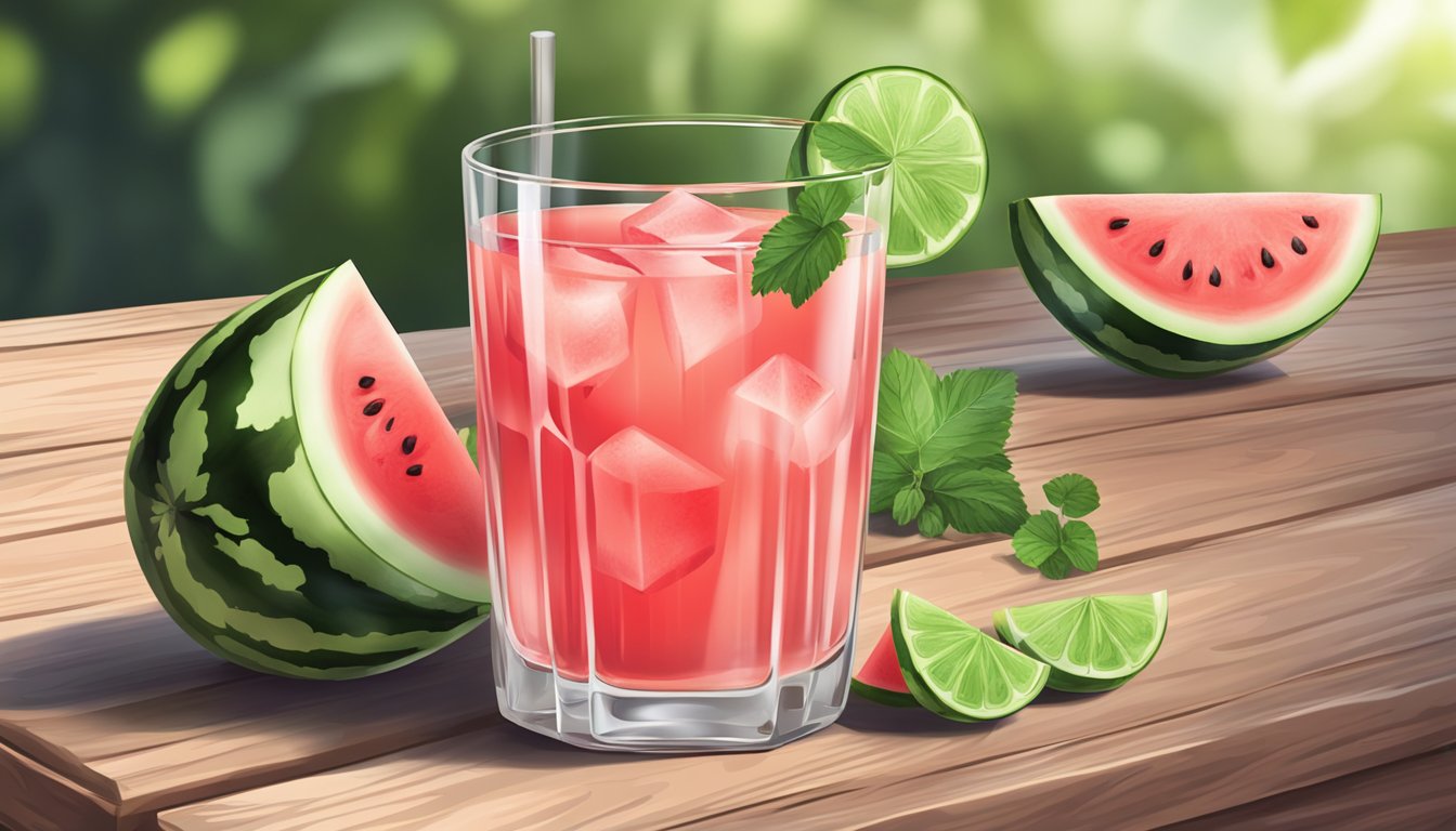 A glass of watermelon liqueur surrounded by fresh watermelon slices on a wooden table