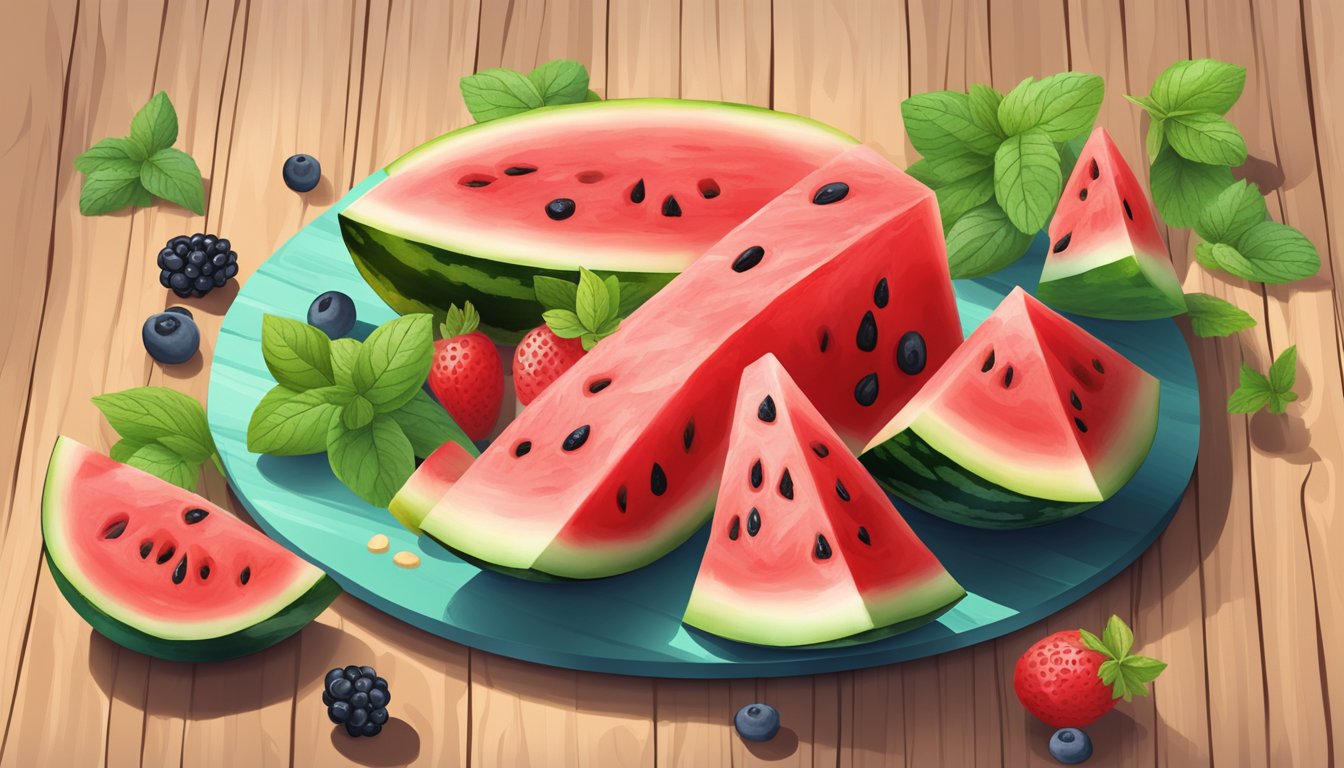 A vibrant watermelon sliced on a wooden cutting board surrounded by fresh berries, mint leaves, and a drizzle of honey