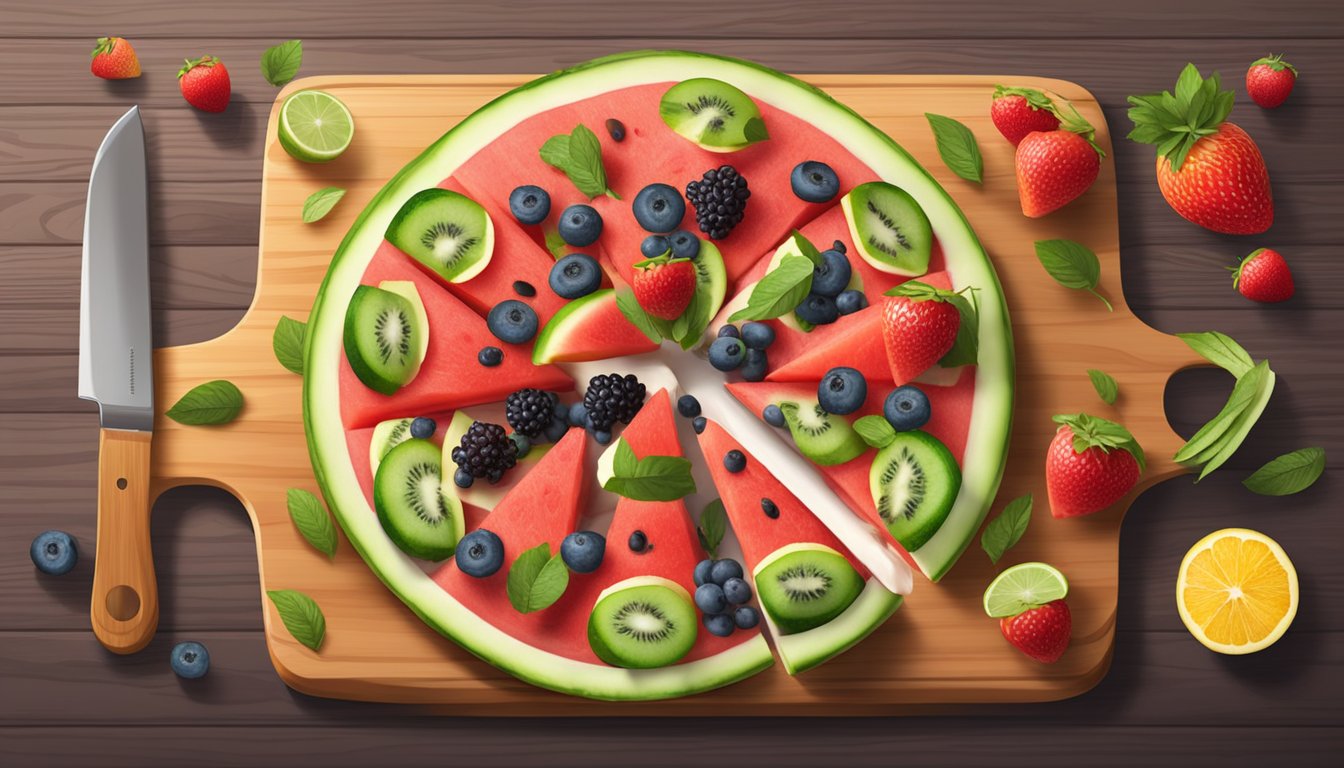 A watermelon pizza being prepared with various colorful fruit toppings on a wooden cutting board