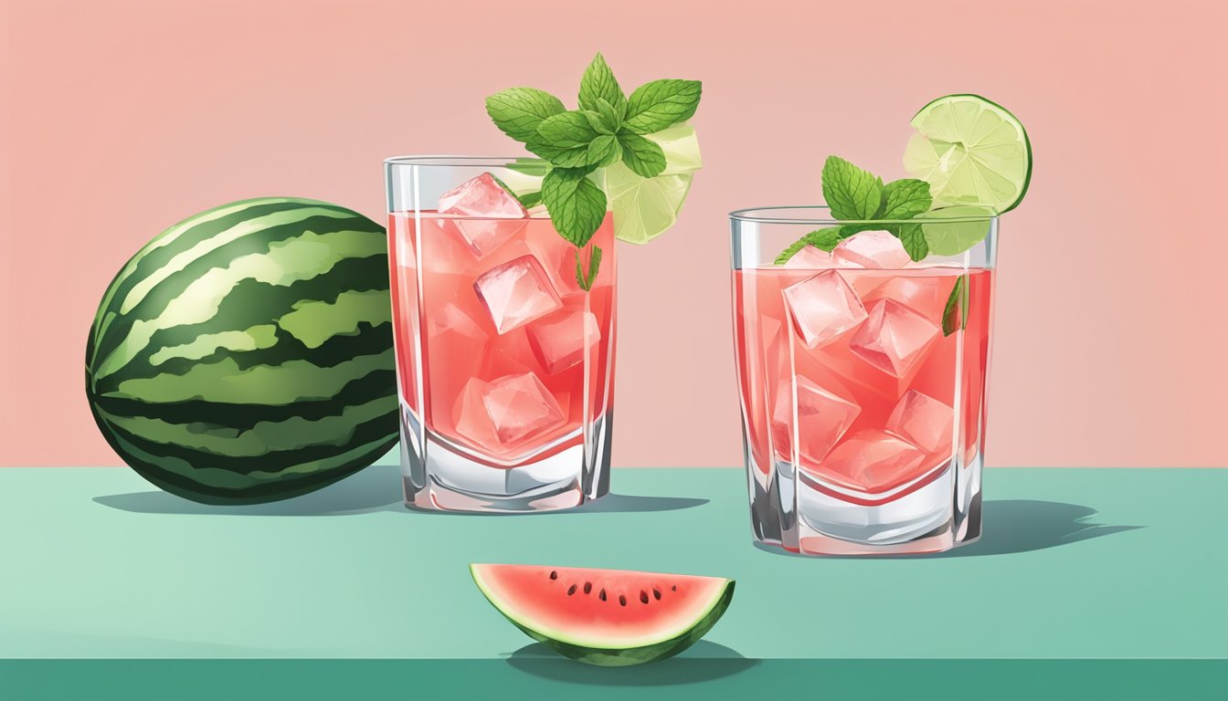 A watermelon cocktail being poured into a glass with ice cubes, garnished with a slice of watermelon and a sprig of mint