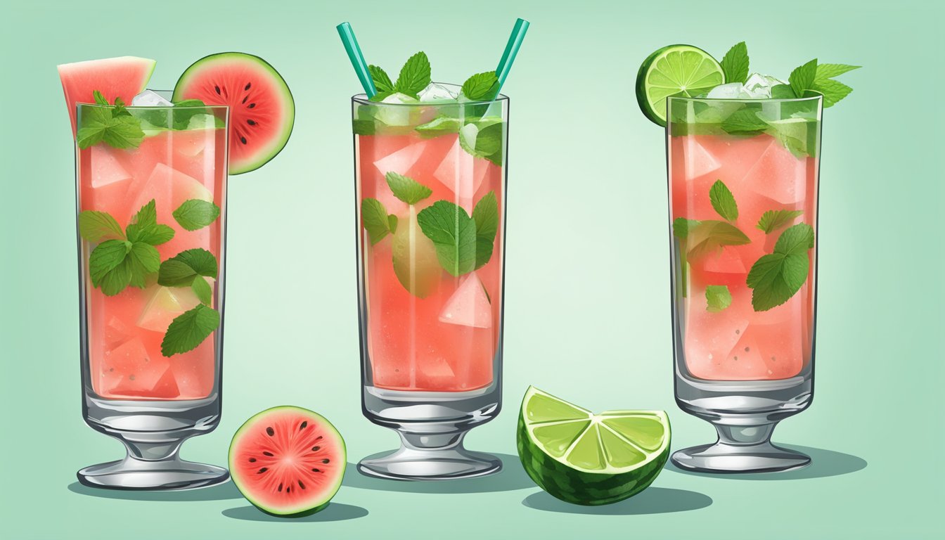 A watermelon mojito being prepared with fresh watermelon, mint, and lime in a tall glass with ice and a garnish