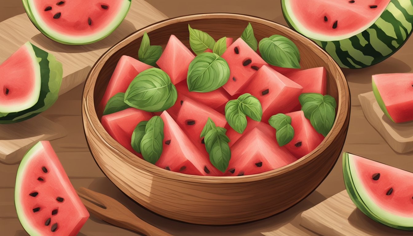 A wooden bowl filled with diced watermelon and fresh basil leaves, drizzled with a light vinaigrette, sitting on a rustic table