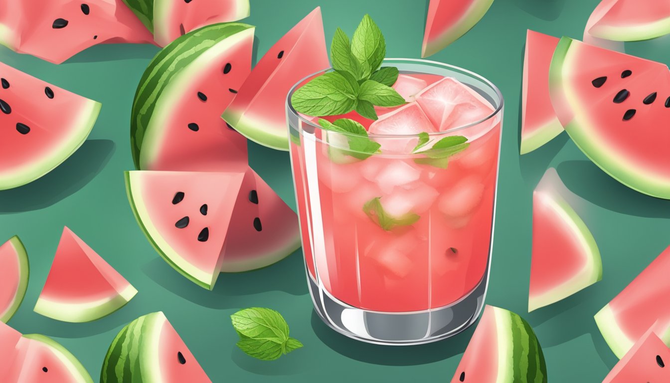 A refreshing watermelon cocktail served in a chilled glass with a slice of watermelon on the rim, garnished with a sprig of mint