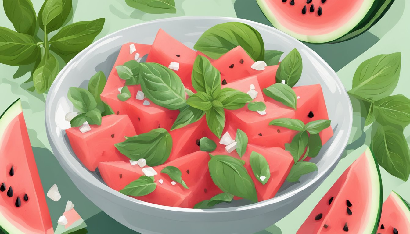 A vibrant bowl of watermelon basil salad, with juicy chunks of watermelon and fresh basil leaves, drizzled with a light vinaigrette