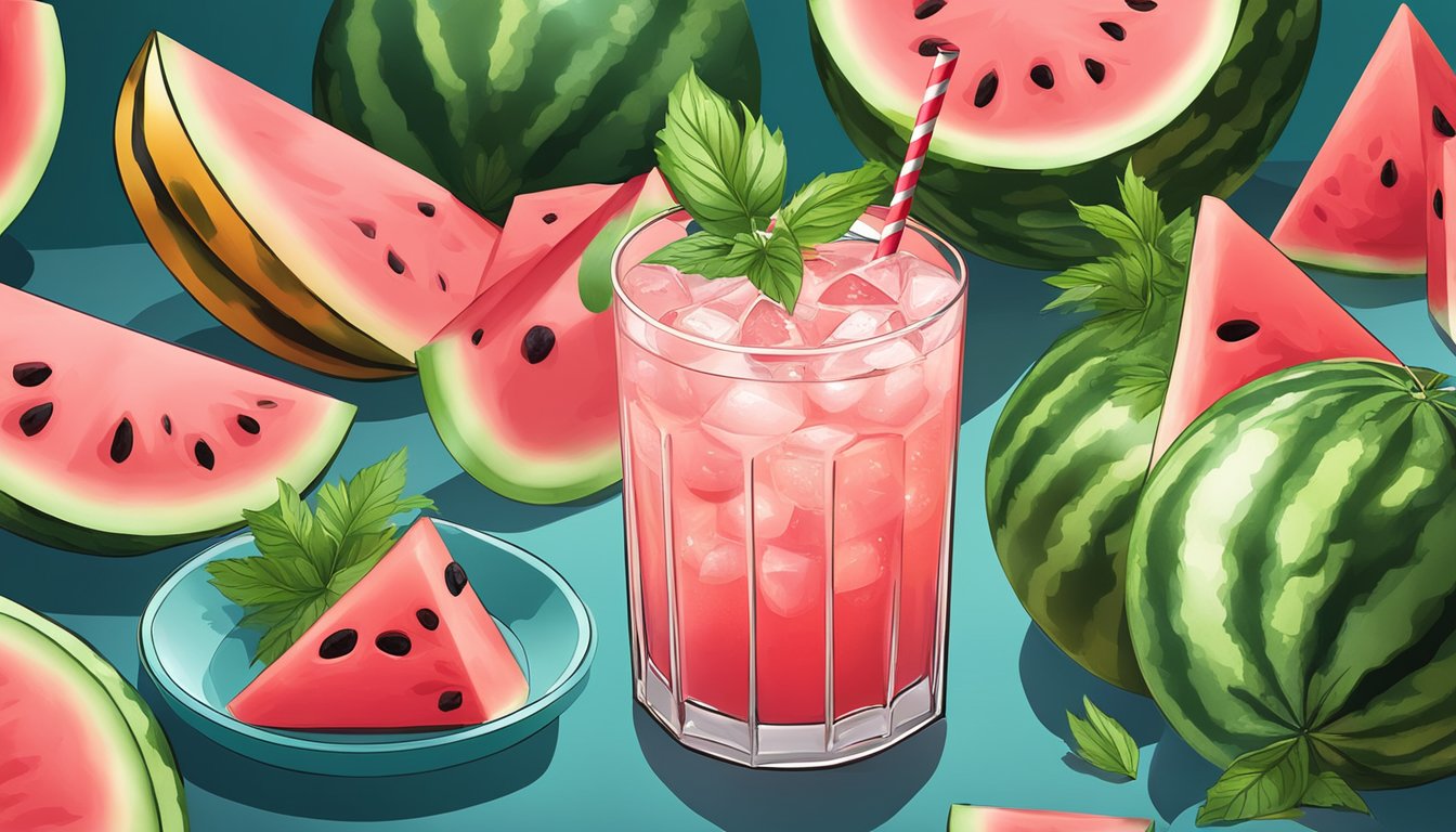 A watermelon cocktail sits on a bar with ice and a slice of watermelon as garnish