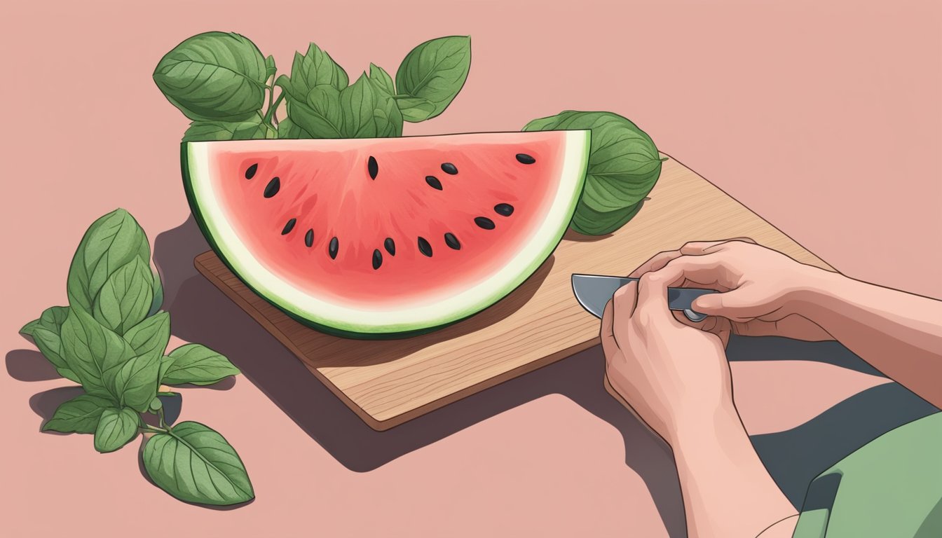 A hand reaching for a ripe watermelon, fresh basil leaves, and a cutting board with a knife