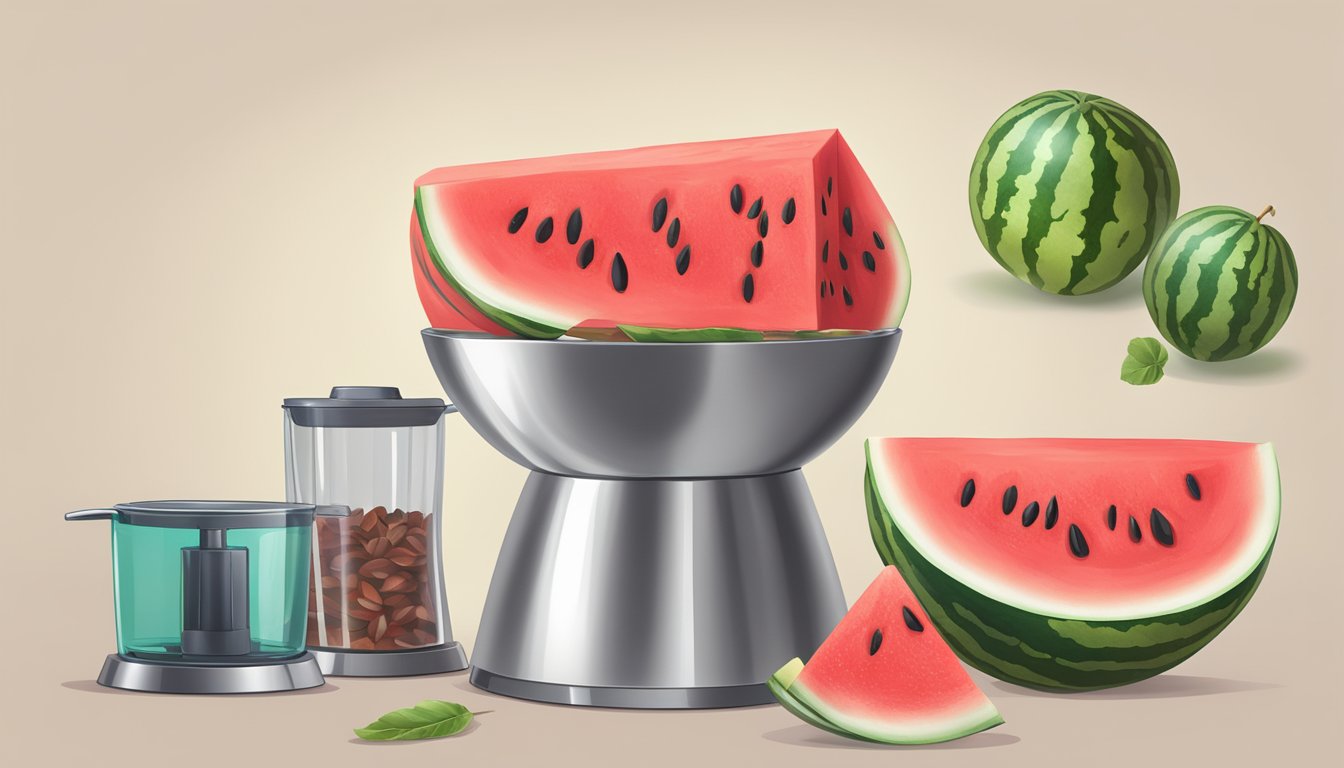 A ripe watermelon being sliced open, revealing juicy red flesh and seeds, with a blender and glass nearby for making watermelon puree