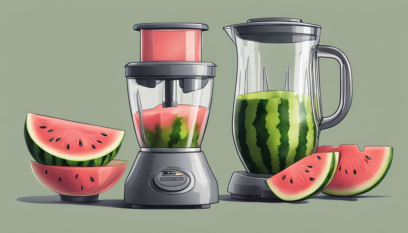 A ripe watermelon being cut and scooped into a blender