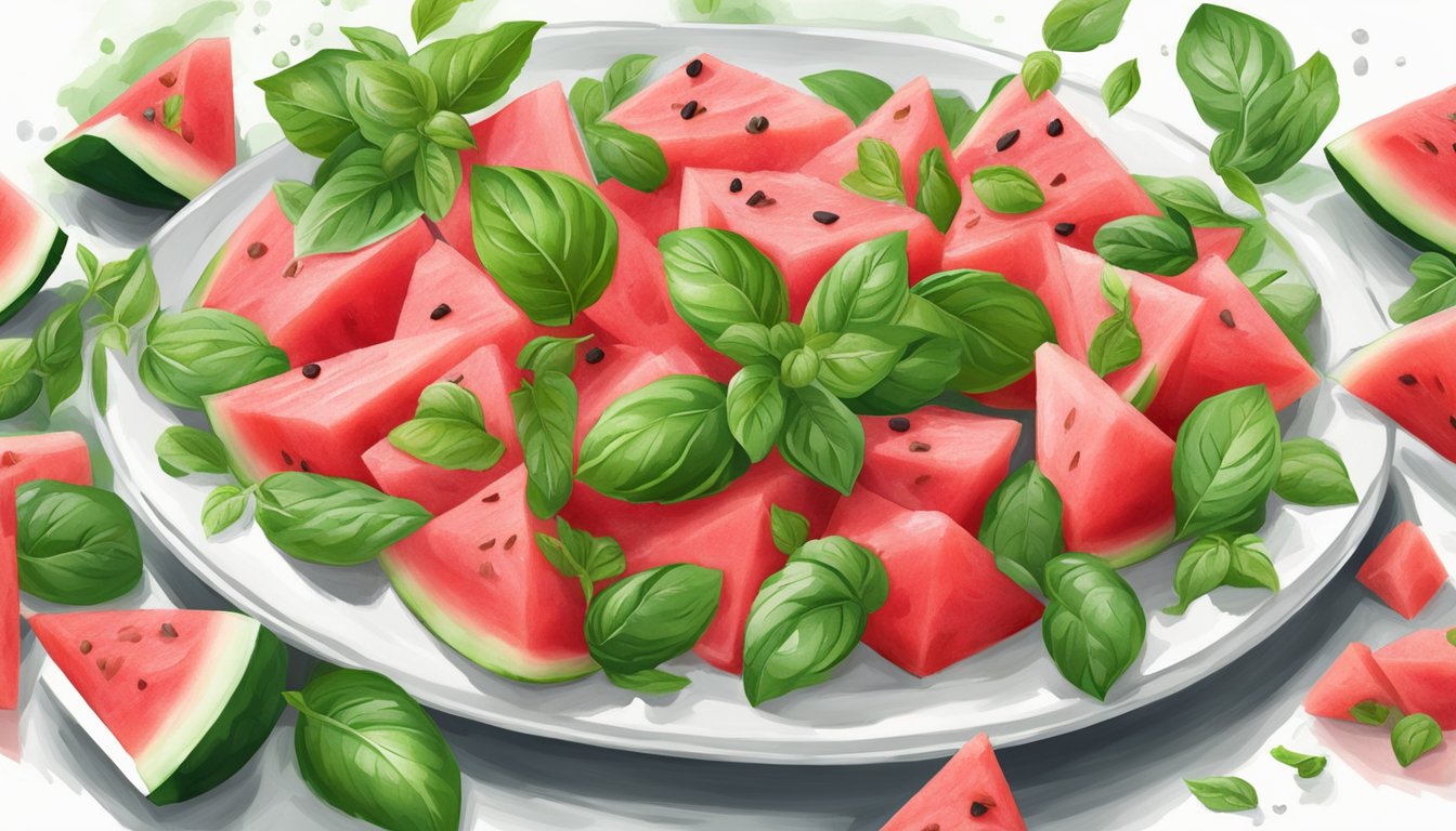 A vibrant watermelon basil salad arranged on a white platter with fresh green basil leaves scattered around it