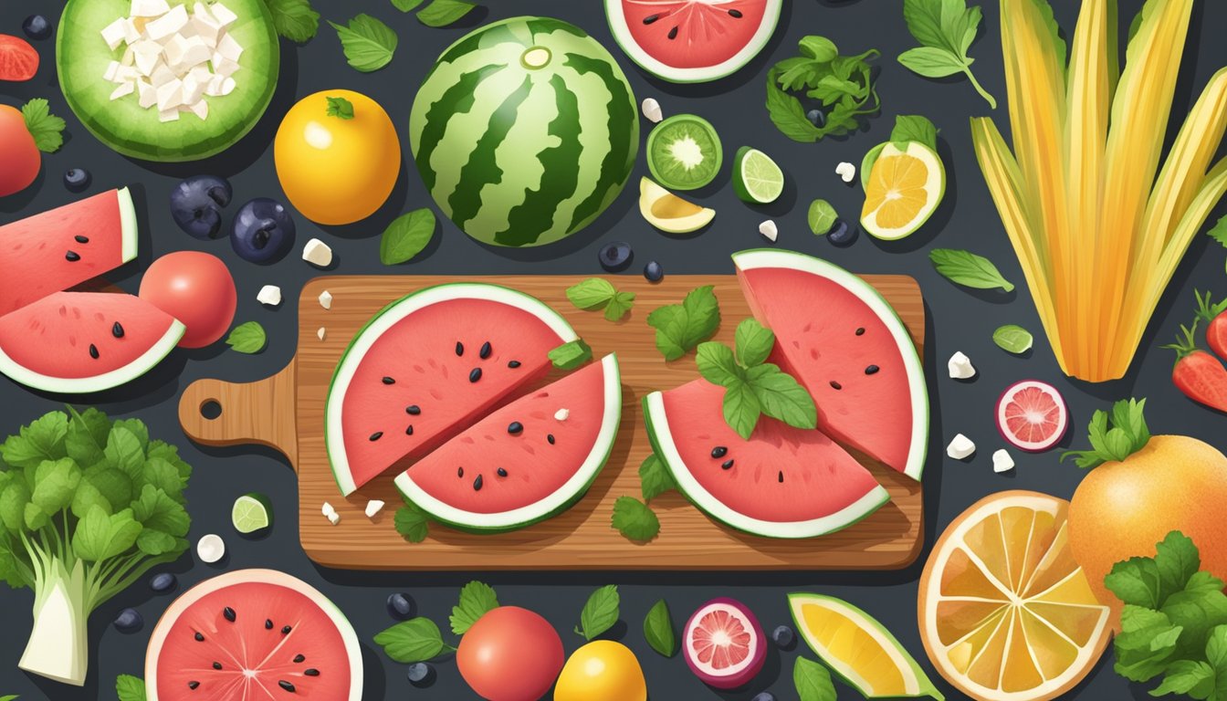 A watermelon feta salad being prepared with fresh ingredients on a wooden cutting board, surrounded by vibrant fruits and vegetables