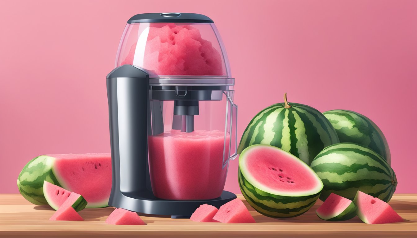 A ripe watermelon being sliced and scooped into a blender, creating a vibrant pink puree