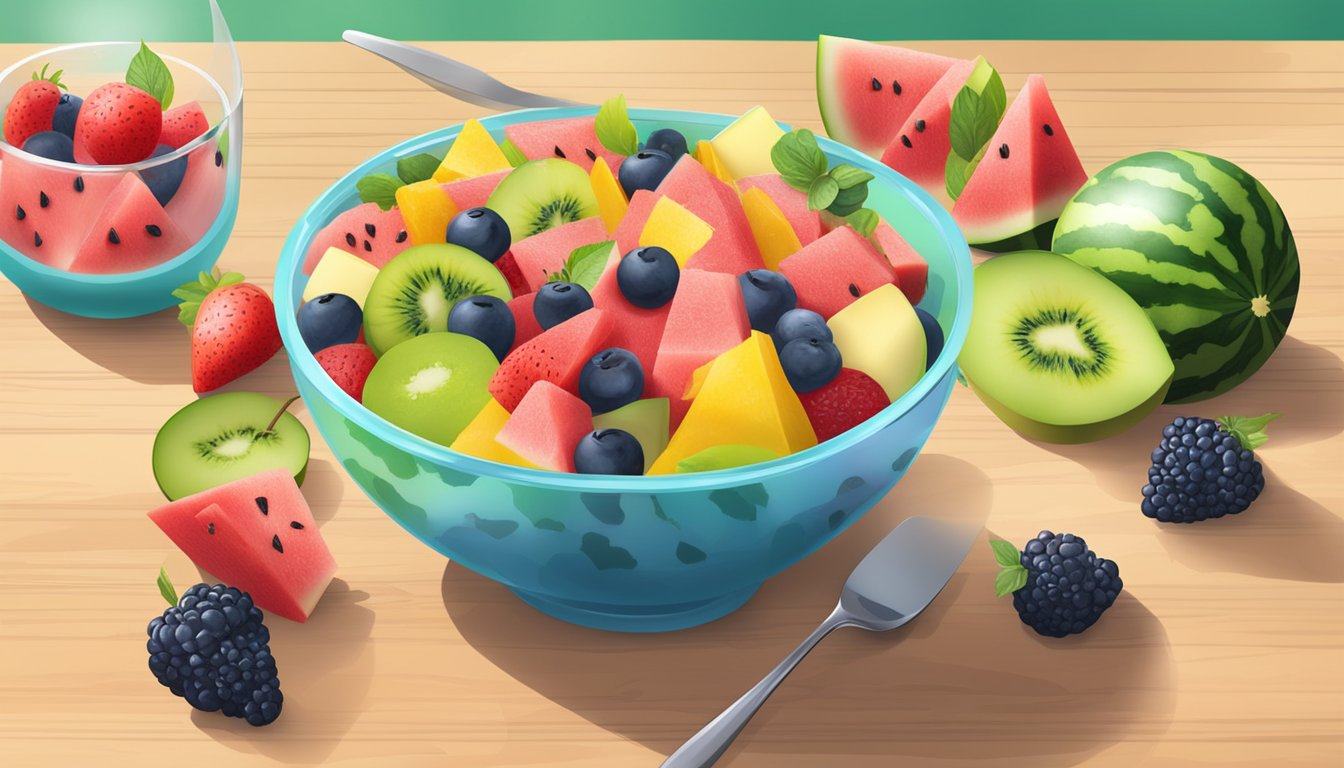 A vibrant watermelon fruit salad being prepared with assorted fruits and a signature dressing in a large glass bowl