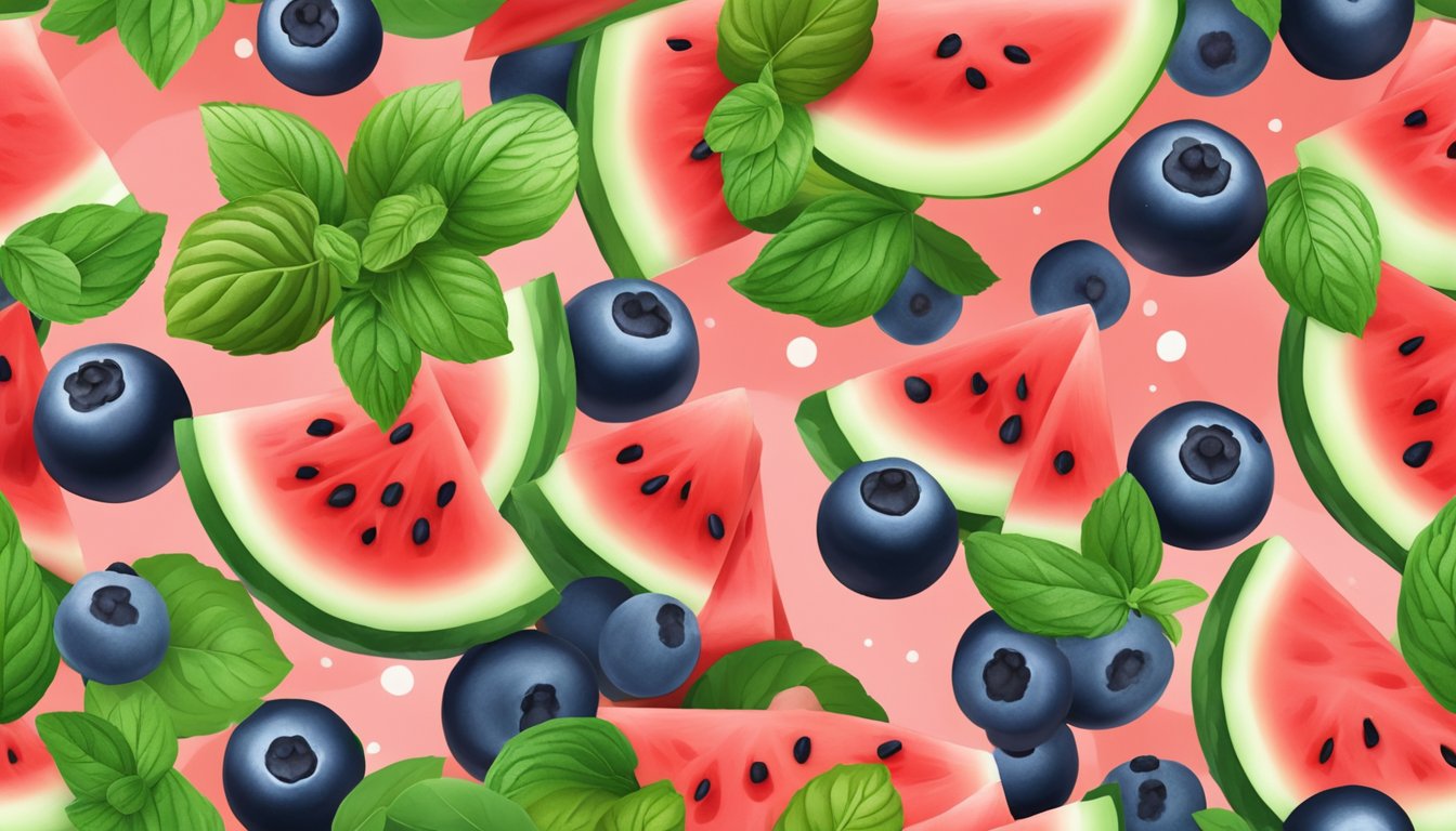 A vibrant watermelon fruit salad surrounded by fresh mint leaves and basil, with scattered blueberries and strawberries