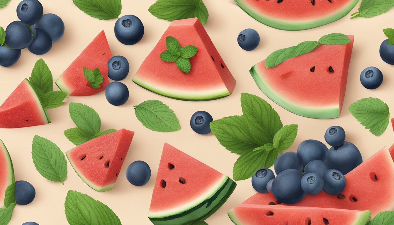 A wooden cutting board with freshly cut watermelon, strawberries, and blueberries, surrounded by scattered mint leaves