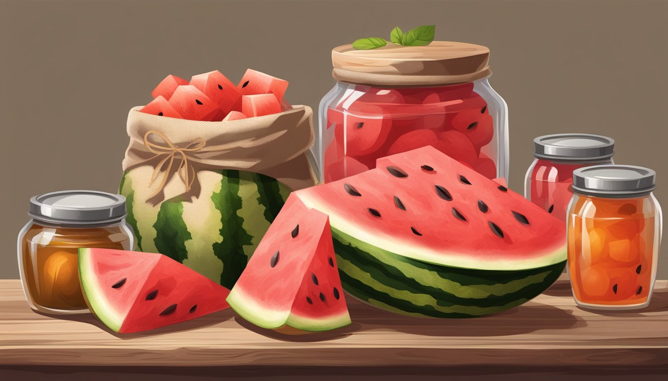 A rustic wooden table with a loaf of watermelon bread wrapped in a linen cloth, surrounded by jars of preserves and a pile of fresh watermelon slices