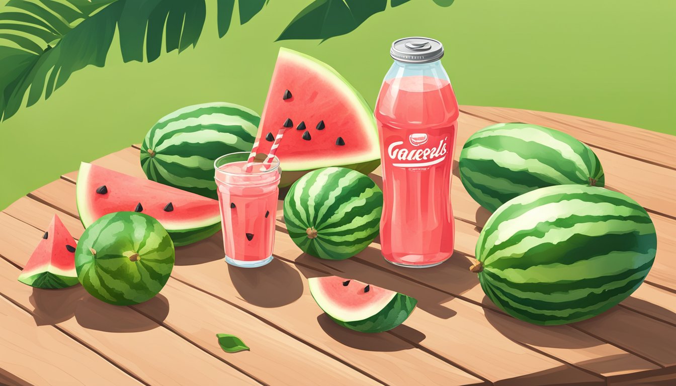 A refreshing watermelon Gatorade bottle surrounded by slices of juicy watermelon on a sunny picnic table