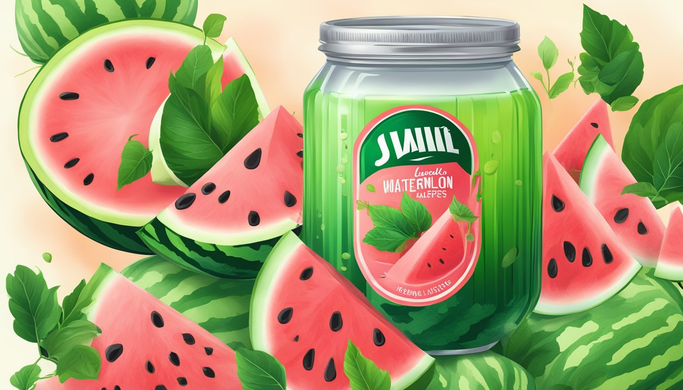 A refreshing watermelon gatorade, surrounded by slices of fresh watermelon and vibrant green leaves