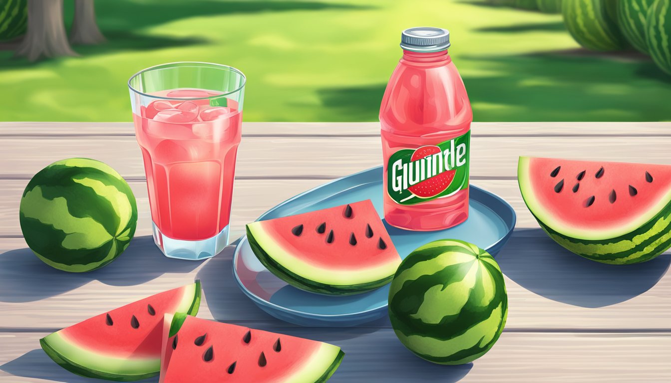 A watermelon gatorade bottle surrounded by slices of watermelon and a refreshing glass of the drink on a sunny picnic table