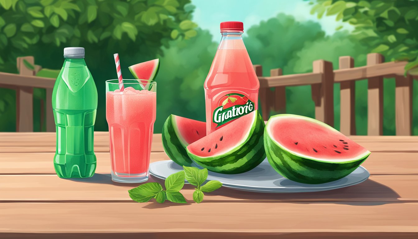 A bottle of Watermelon Gatorade sits on a picnic table, surrounded by slices of fresh watermelon and a refreshing glass of the drink