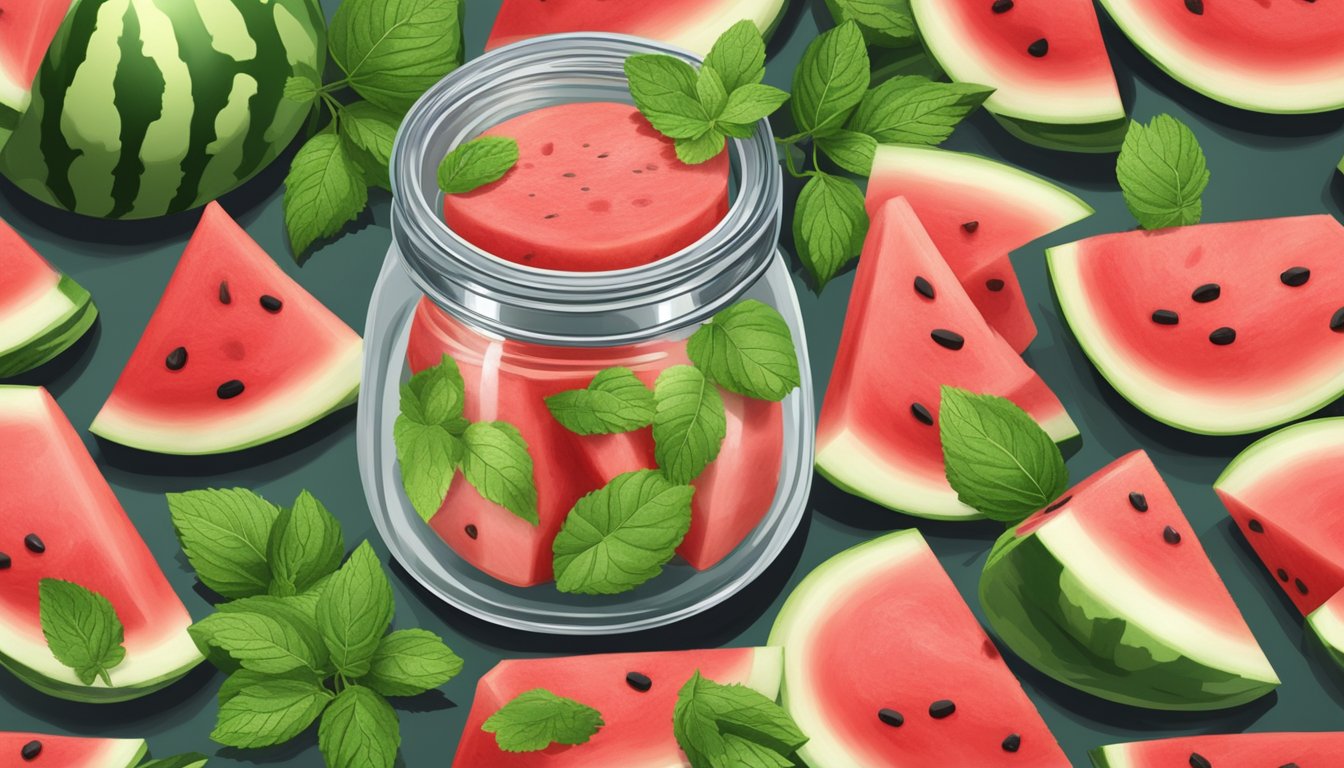 A jar of watermelon pickles surrounded by fresh watermelon slices and mint leaves on a wooden cutting board