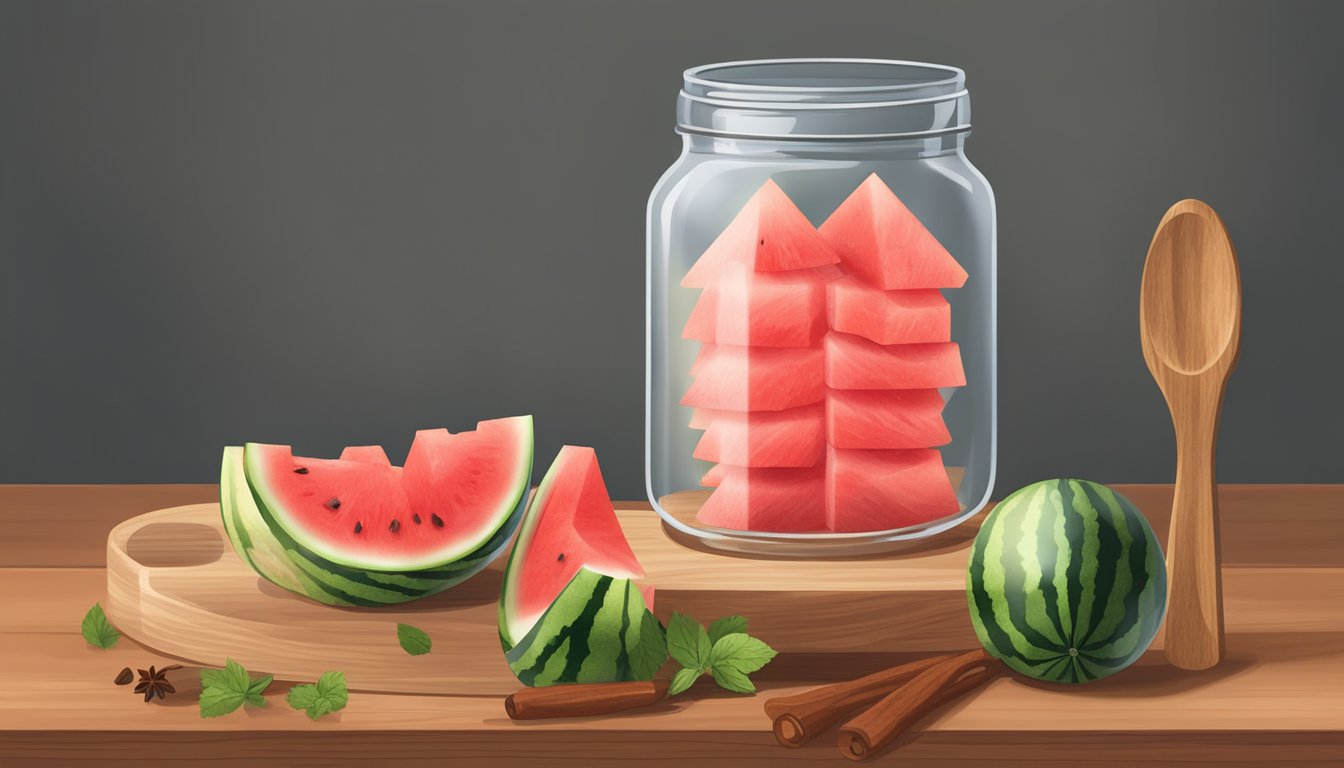 A glass jar filled with sliced watermelon, submerged in a brine of vinegar, sugar, and spices, sitting on a wooden cutting board