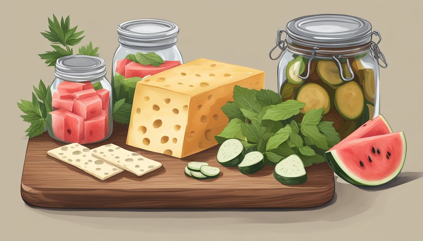 A rustic wooden cutting board displays a jar of watermelon pickles alongside a selection of cheeses, crackers, and fresh herbs