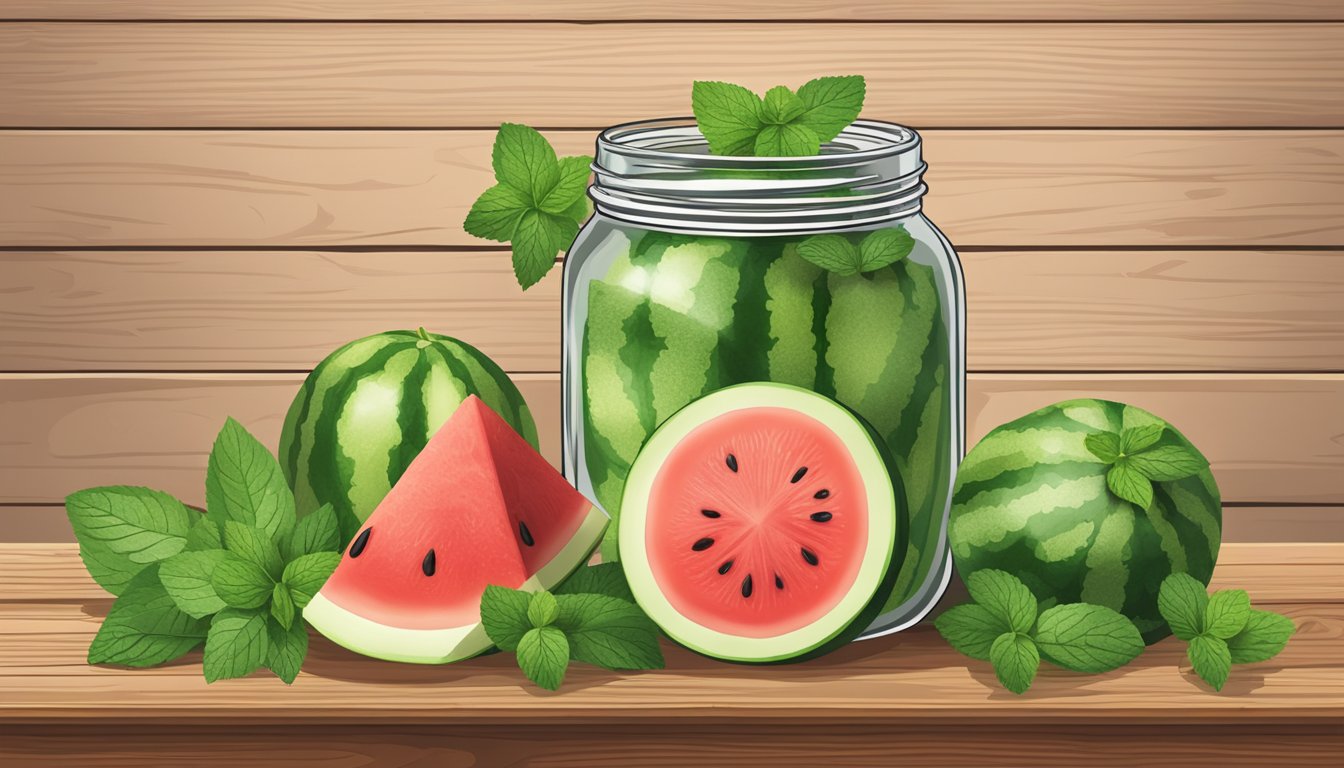 A mason jar filled with watermelon pickles, surrounded by fresh watermelon slices and mint leaves on a rustic wooden table