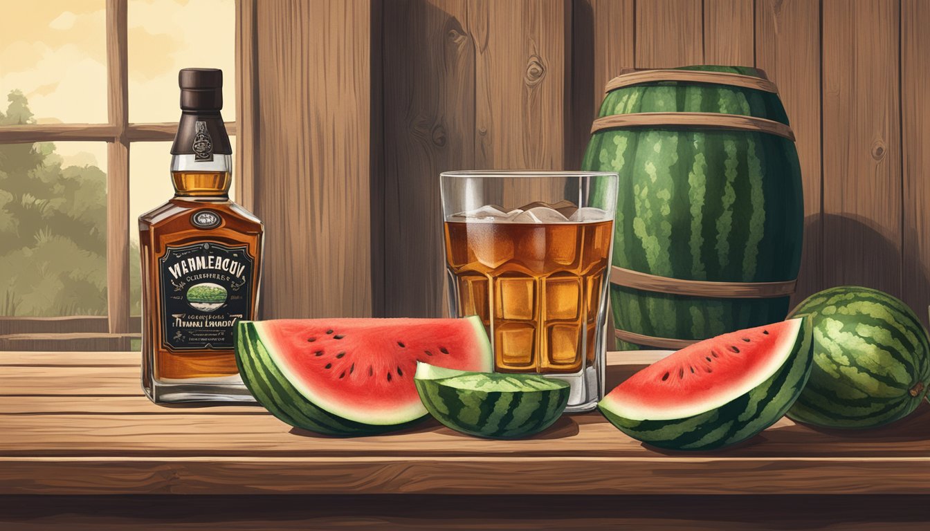 A rustic wooden table with a sliced watermelon and a bottle of whiskey, set against a backdrop of historical artifacts and vintage photographs