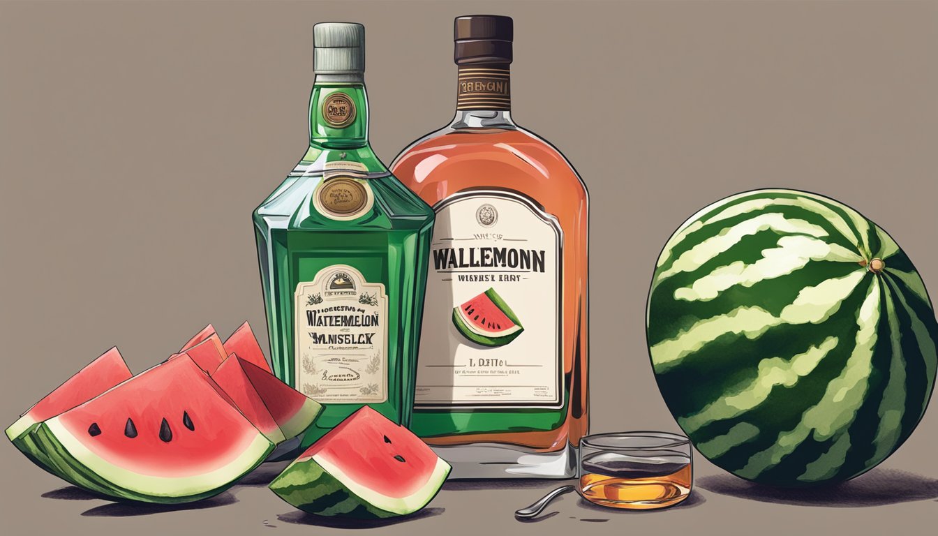 A watermelon being sliced open with a bottle of whiskey nearby