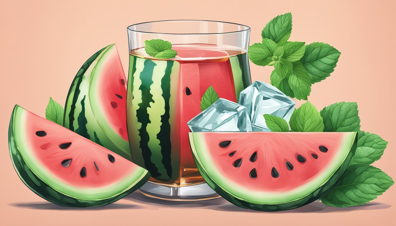 A watermelon cut in half with whiskey poured inside, garnished with mint leaves and ice