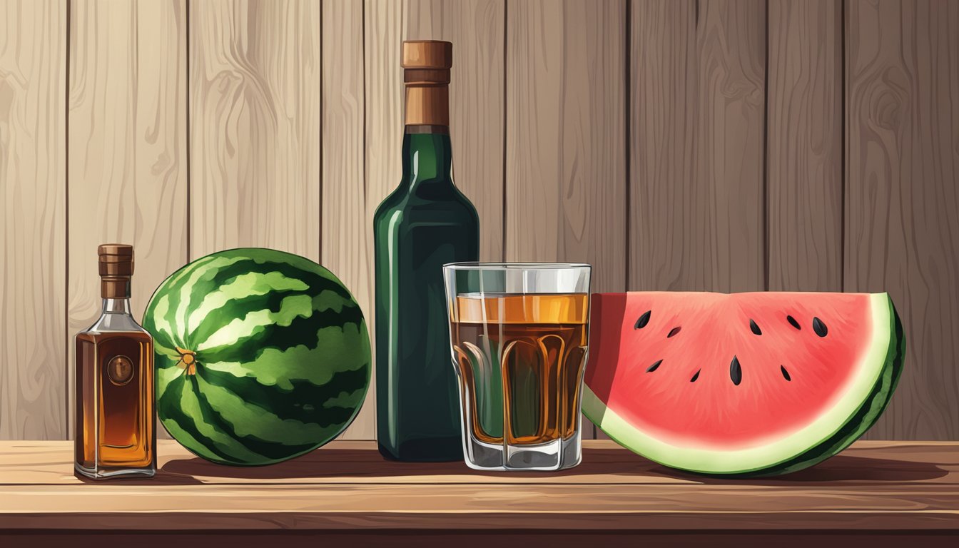 A watermelon and a bottle of whiskey placed on a wooden table