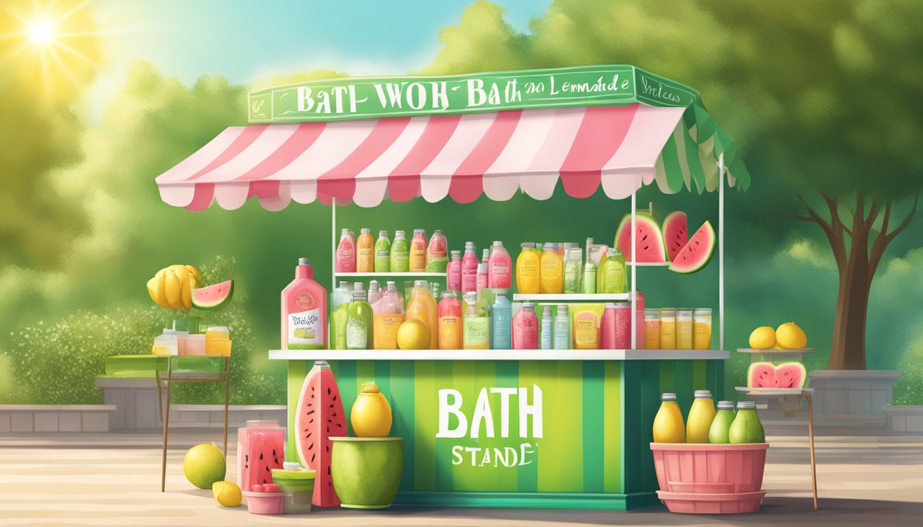 A refreshing watermelon and lemonade stand with Bath and Body Works products displayed on a sunny, summer day