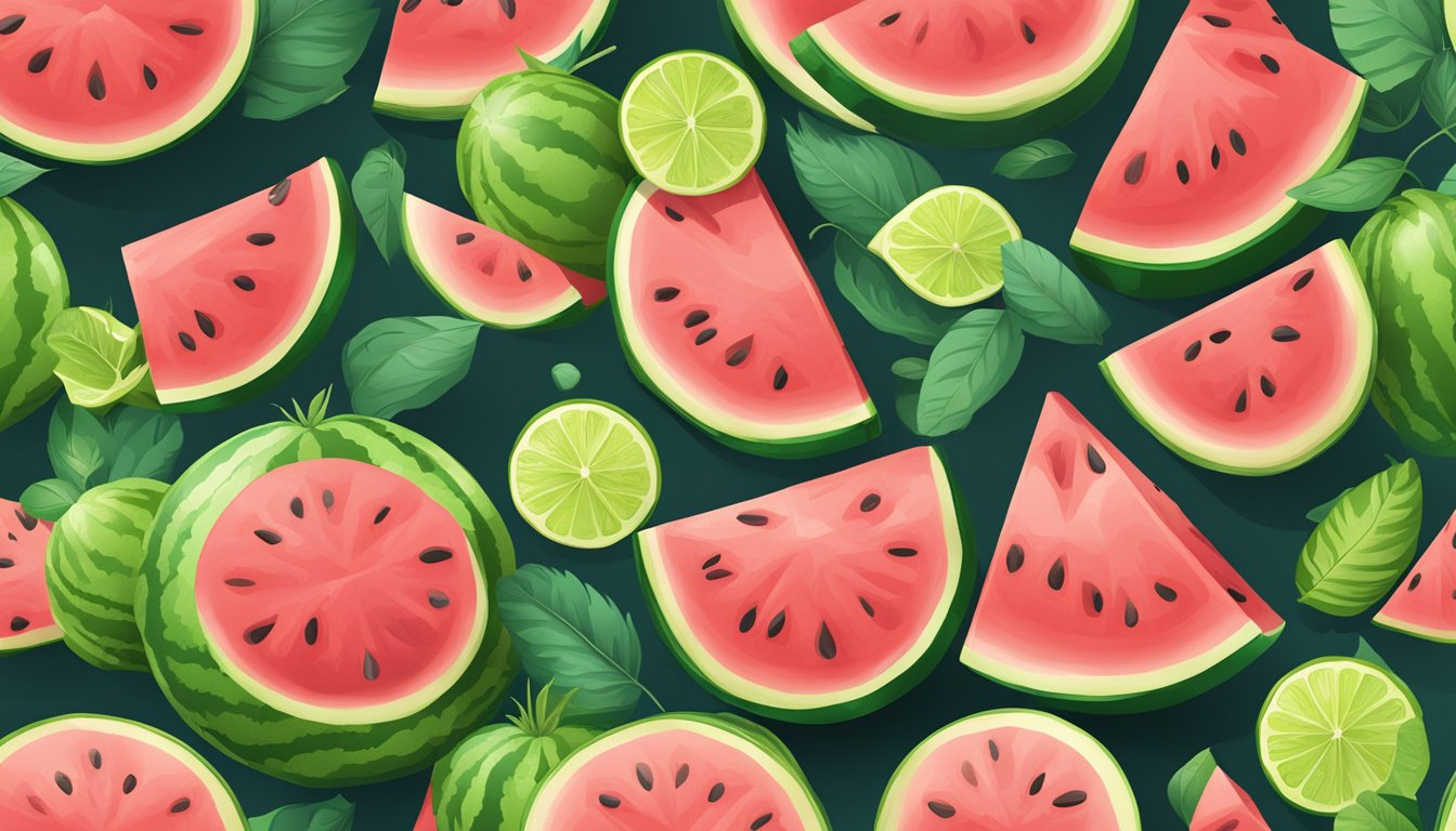 A refreshing watermelon lemonade bottle surrounded by slices and leaves