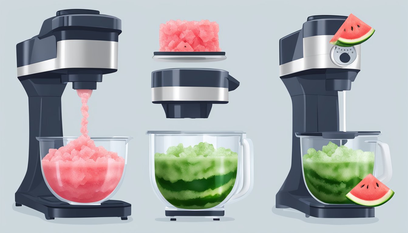 A watermelon granita being prepared with fresh watermelon chunks being blended with ice and sugar in a food processor, then poured into a chilled pan to freeze