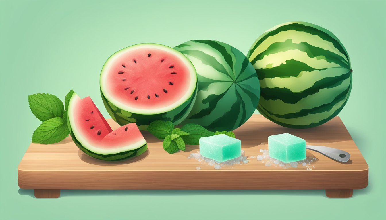 A ripe watermelon sits on a wooden cutting board, surrounded by mint leaves and a bowl of sugar. A blender and ice cubes are nearby