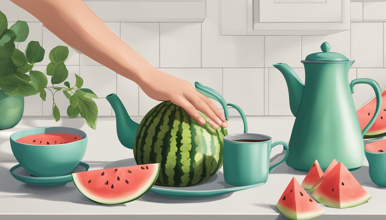 A hand reaching for a watermelon, a teapot, and a cup on a kitchen counter