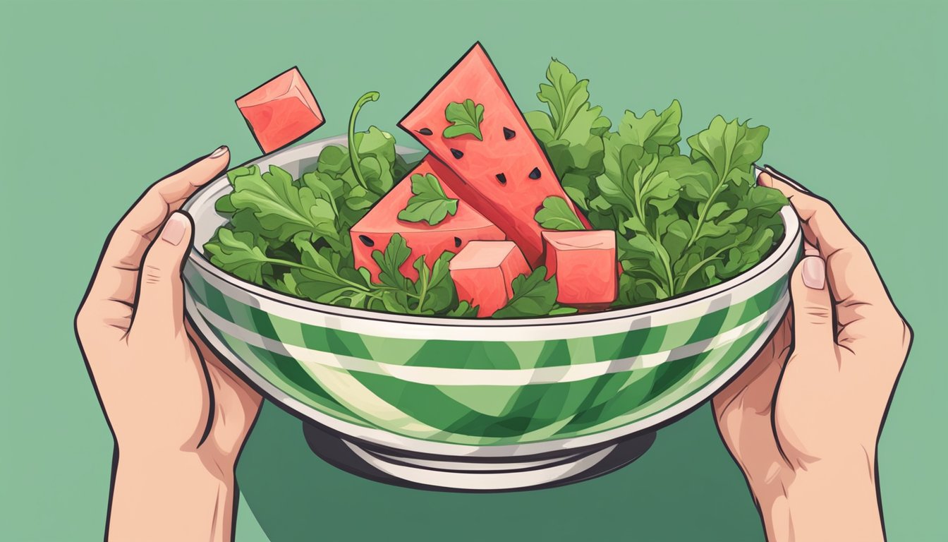 A hand tossing watermelon cubes and arugula in a large bowl with dressing