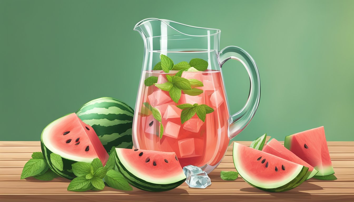 A pitcher of watermelon tea surrounded by fresh watermelon slices, mint leaves, and ice cubes on a wooden table